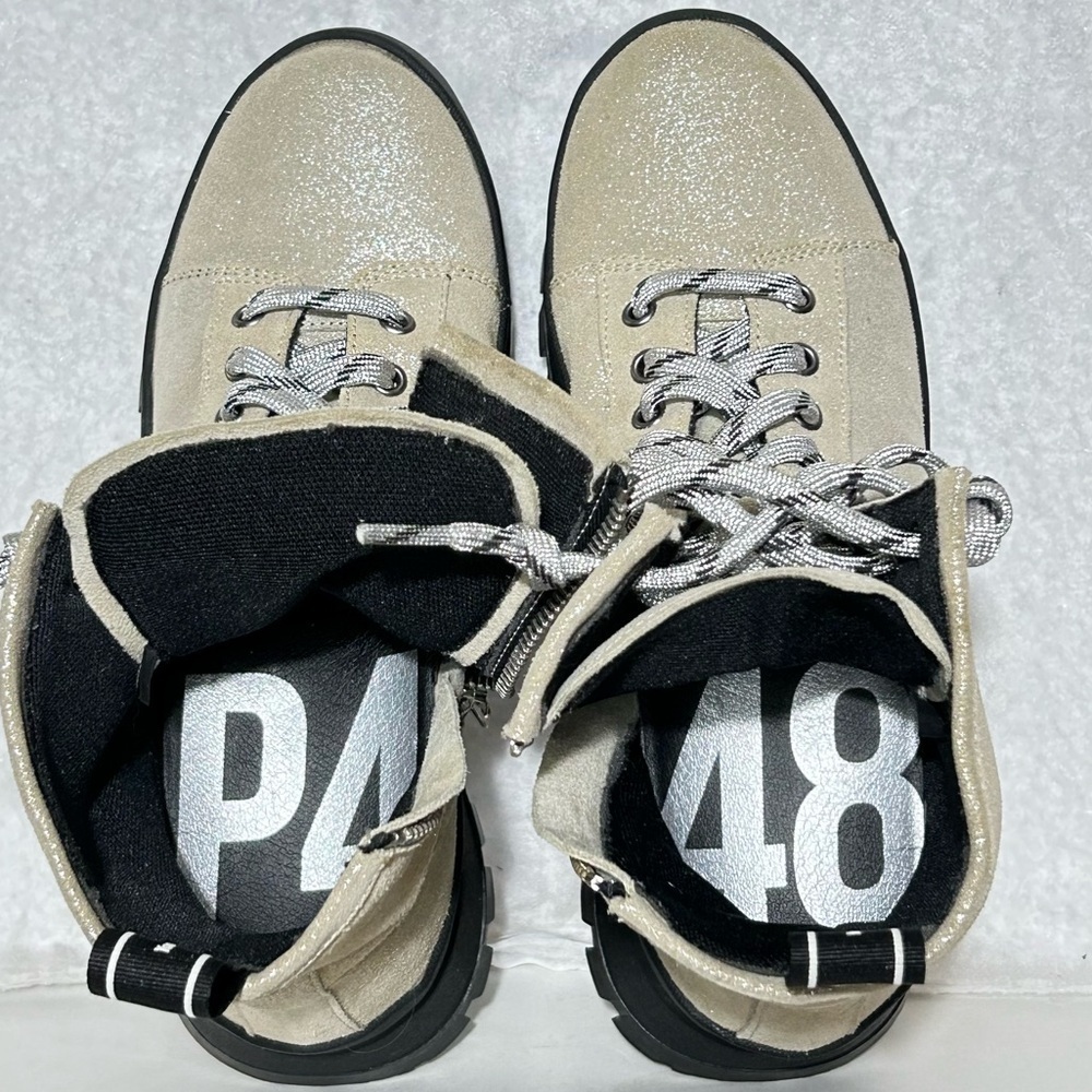 P448. Womens Denise Shimmery Beige Leather Vibram Platform Sneaker Booties EU 36 - Picture 5 of 13